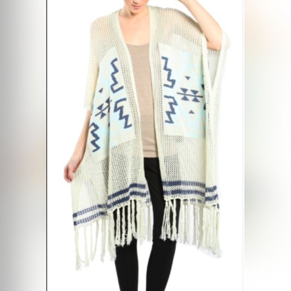A Reve Boho Aztec Open Knit Fringed Open Cardigan Kimono - Picture 3 of 8